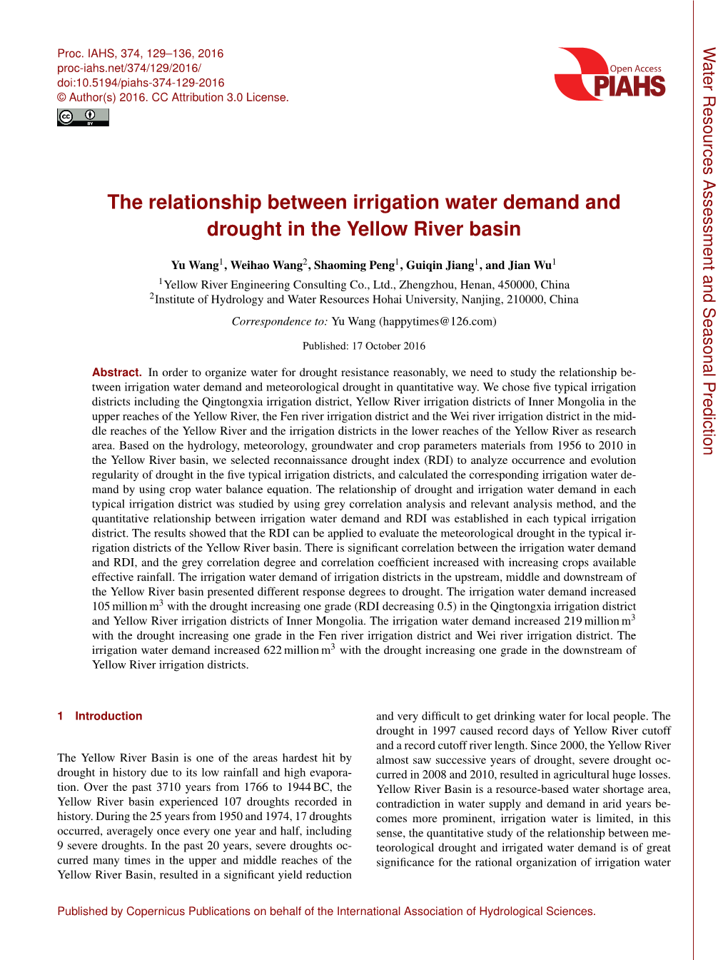 The Relationship Between Irrigation Water Demand and Drought in the Yellow River Basin