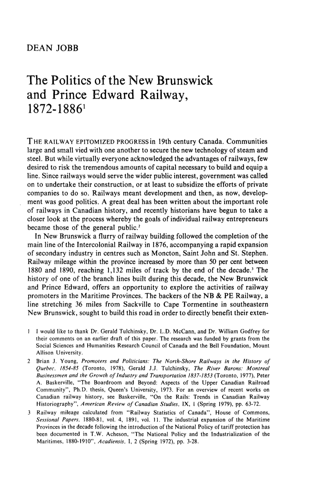 The Politics of the New Brunswick and Prince Edward Railway, 1872-18861