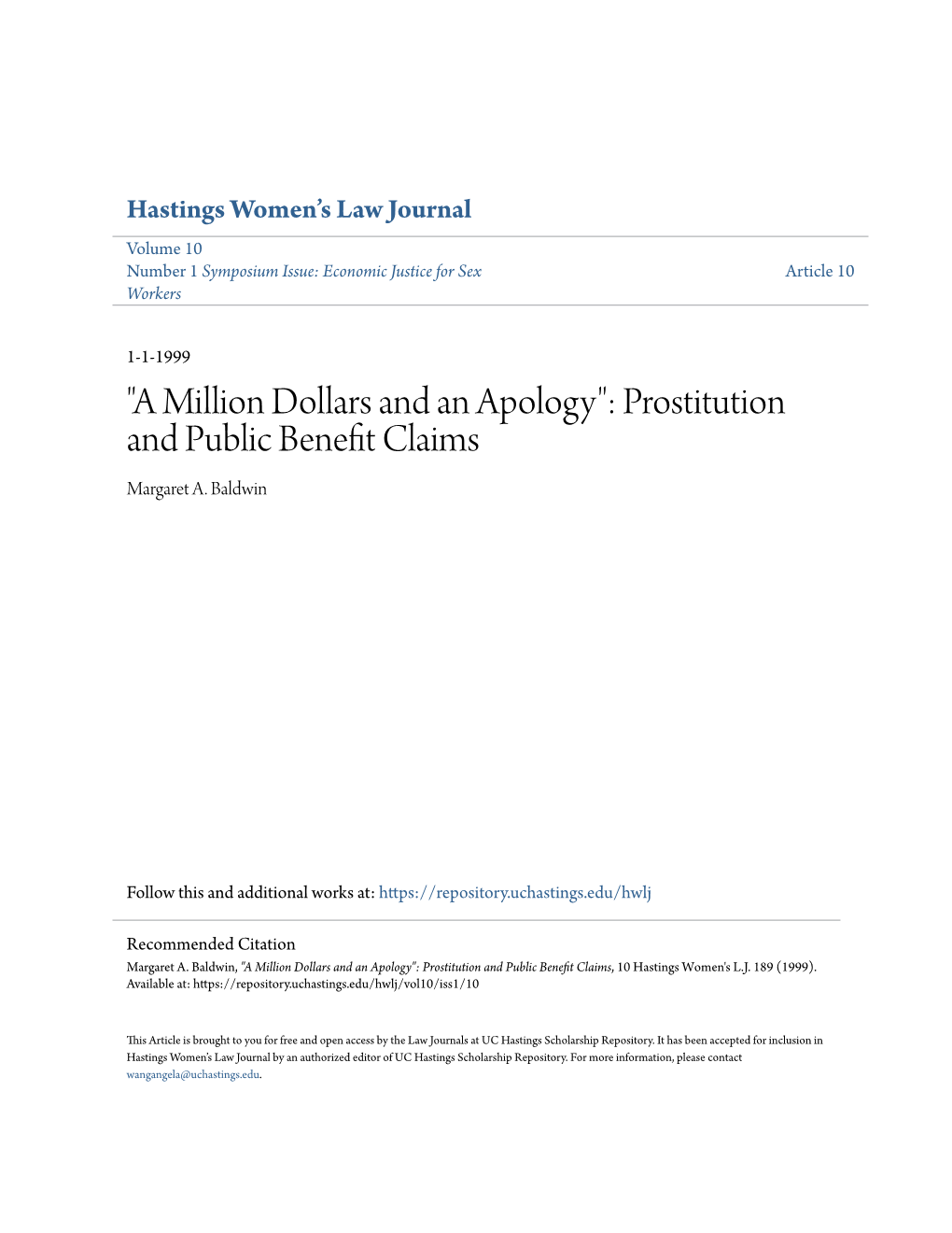 "A Million Dollars and an Apology": Prostitution and Public Benefit Claims