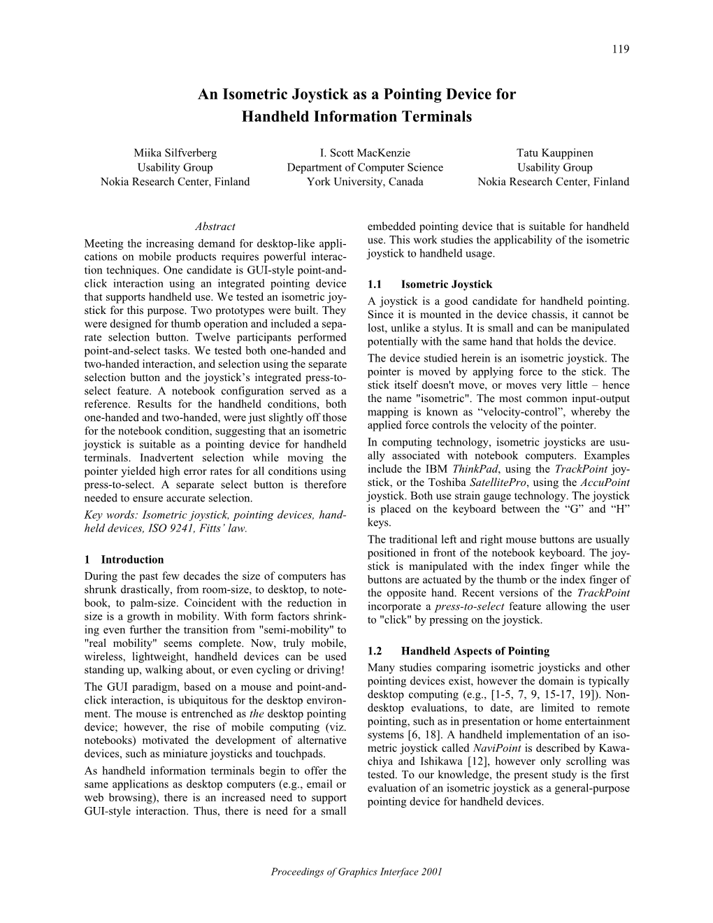 An Isometric Joystick As a Pointing Device for Handheld Information Terminals