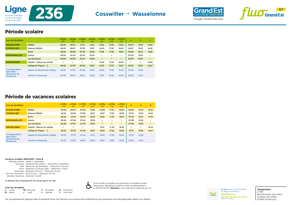Ligne Horaires Valables Cosswiller  Wasselonne Du 31 Août 2020 Au 31 Août 2021 236
