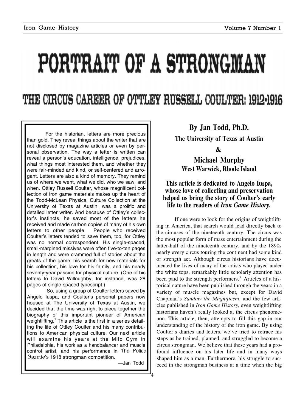 Portrait of a Strongman. the Circus Career of Ottlery Russell Coulter