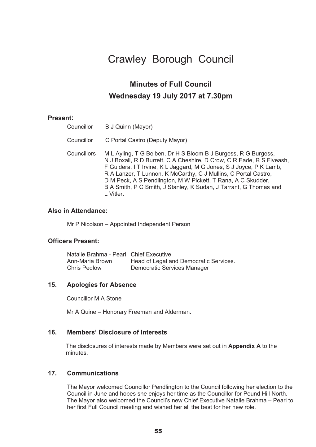Full Council Minutres from 19 July 2017