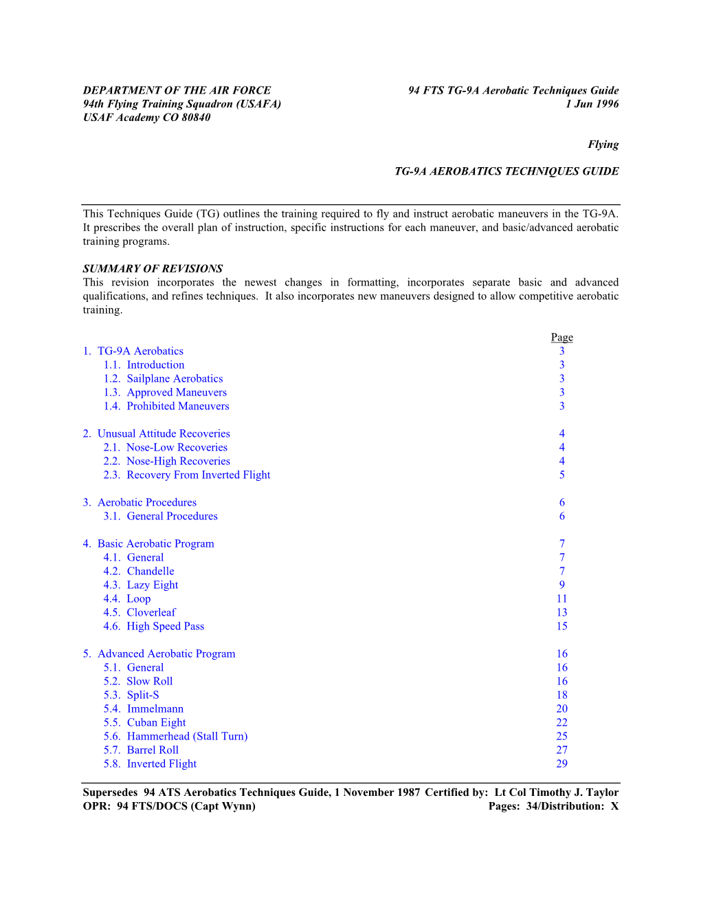 94 FTS TG-9A Aerobatic Techniques Guide 94Th Flying Training Squadron (USAFA) 1 Jun 1996 USAF Academy CO 80840