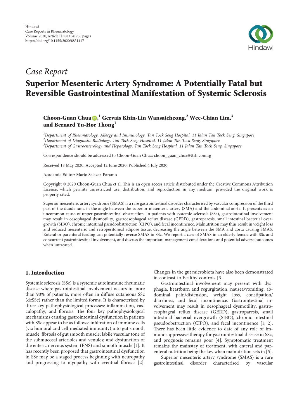 Case Report Superior Mesenteric Artery Syndrome: a Potentially Fatal but Reversible Gastrointestinal Manifestation of Systemic Sclerosis