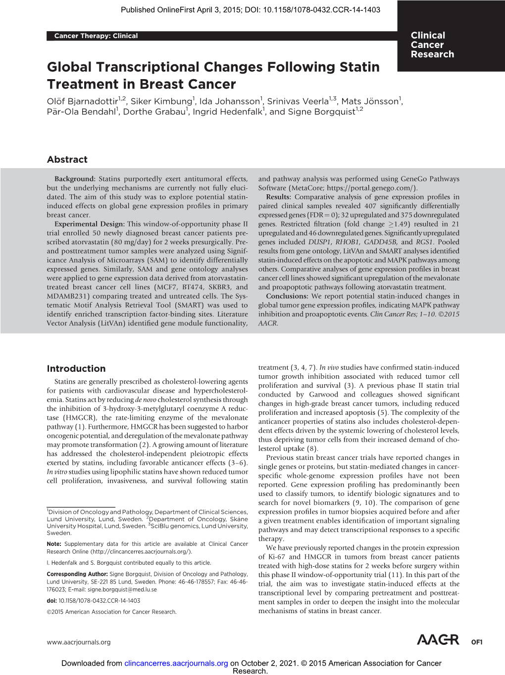 Global Transcriptional Changes Following Statin Treatment in Breast Cancer