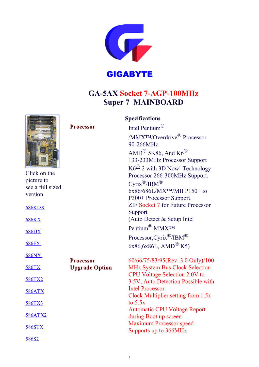 GIGABYTE GA-5AX Socket 7-AGP-100Mhz Super 7