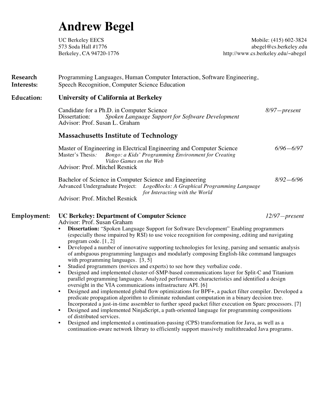 Andy Begel Resume