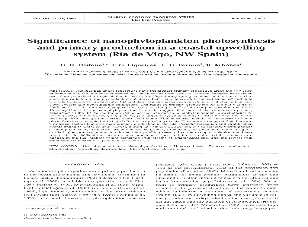 Significance of Nanophytoplankton Photosynthesis and Primary Production in a Coastal Upwelling System (Ria De Vigo, NW Spain)