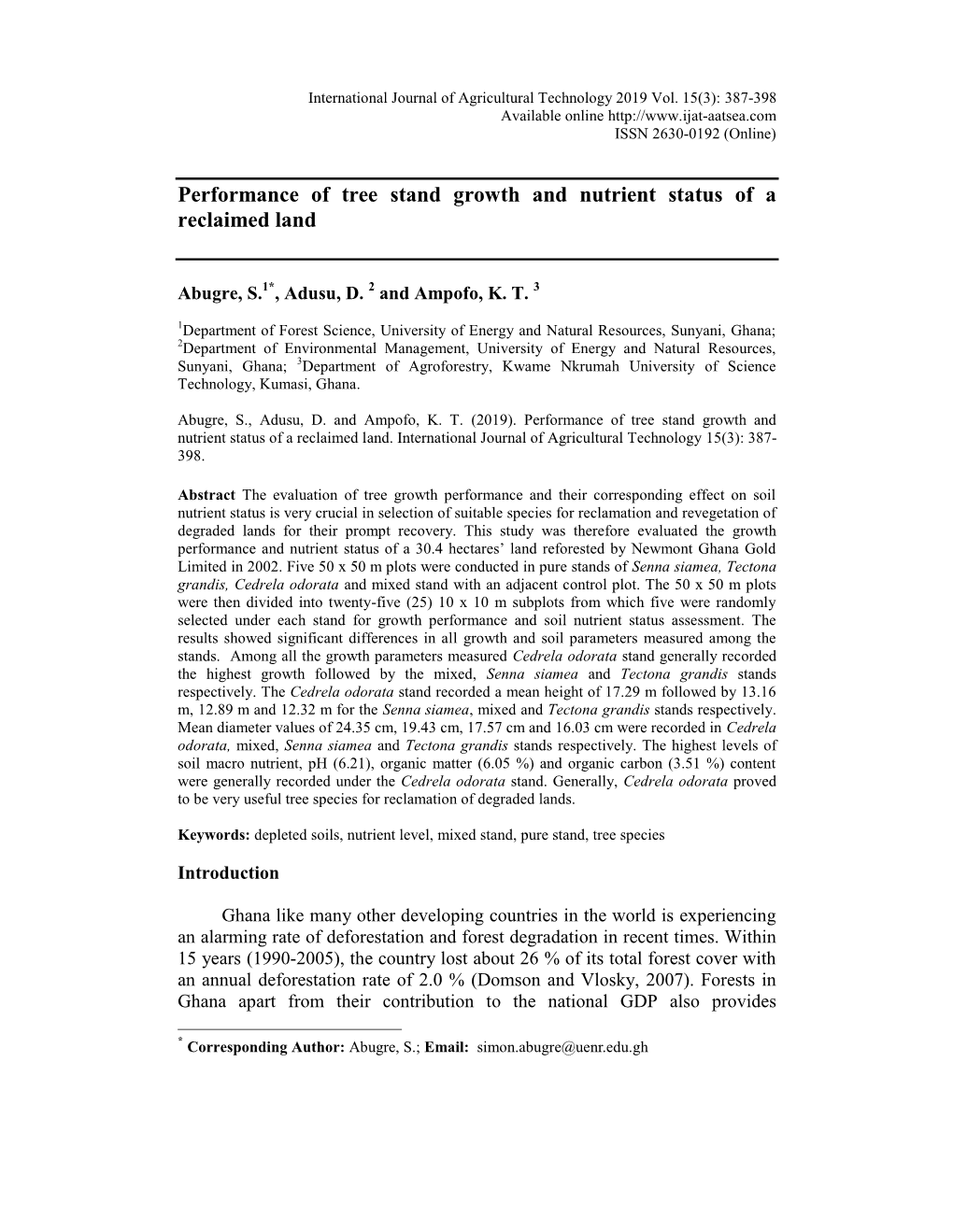 Performance of Tree Stand Growth and Nutrient Status of a Reclaimed Land