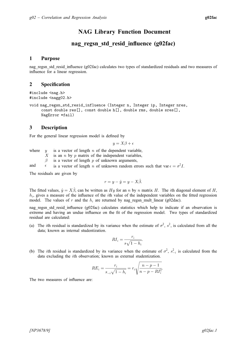 Nag Regsn Std Resid Influence (G02fac) Example Program