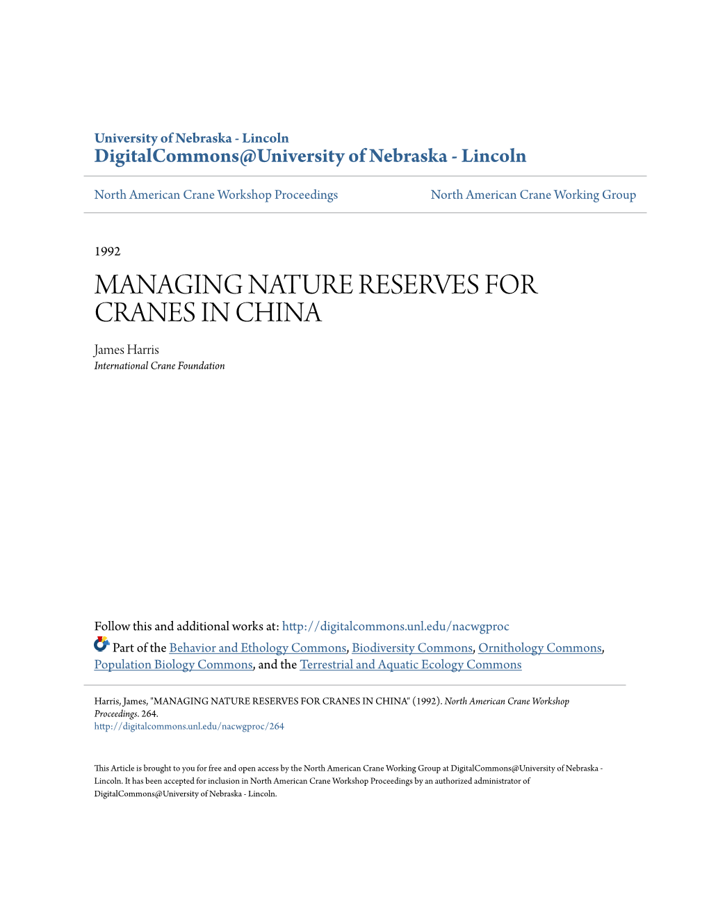 Managing Nature Reserves for Cranes in China" (1992)