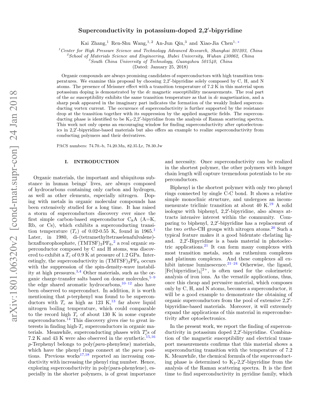 Superconductivity in Potassium-Doped 2, 2$'$-Bipyridine