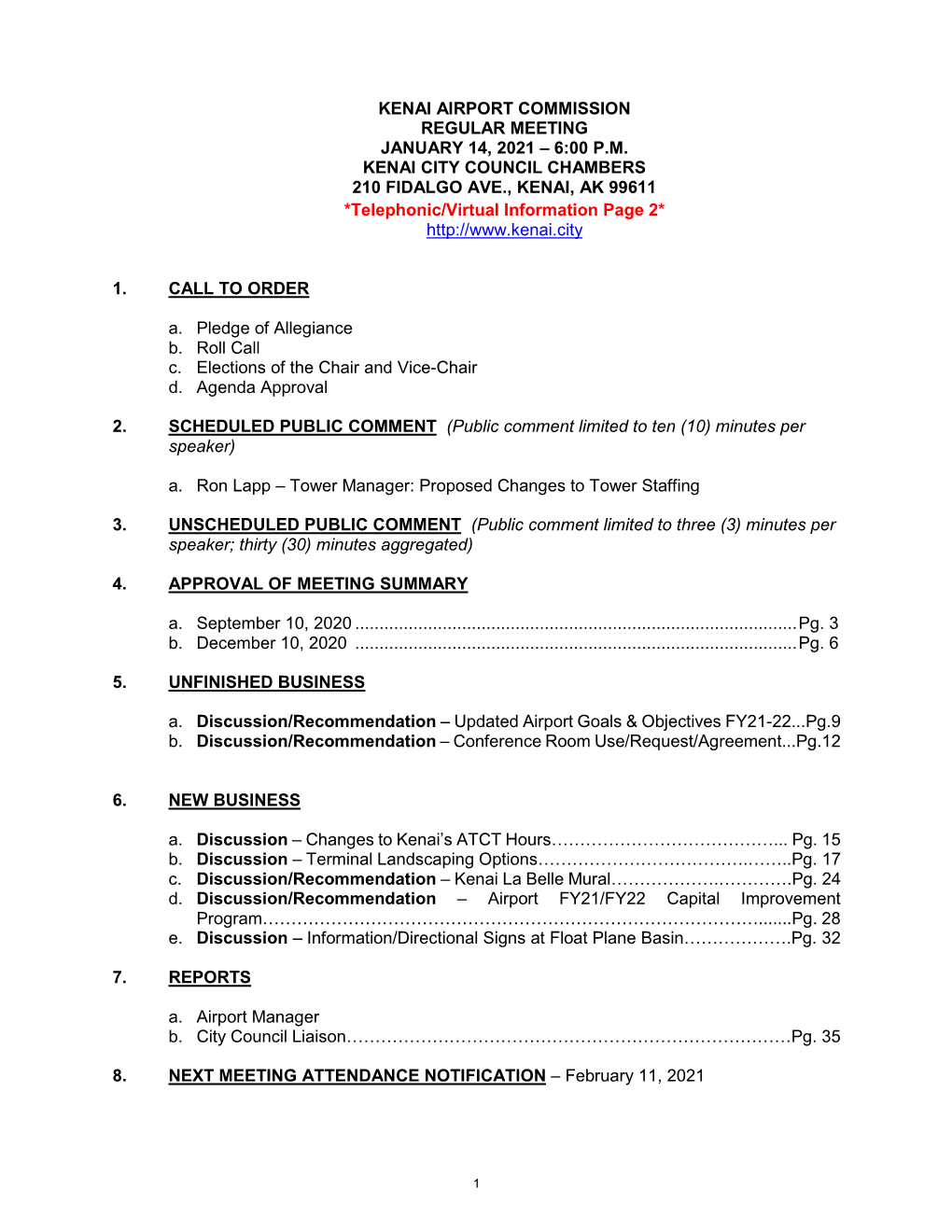 Kenai Airport Commission Regular Meeting January 14, 2021 – 6:00 P.M