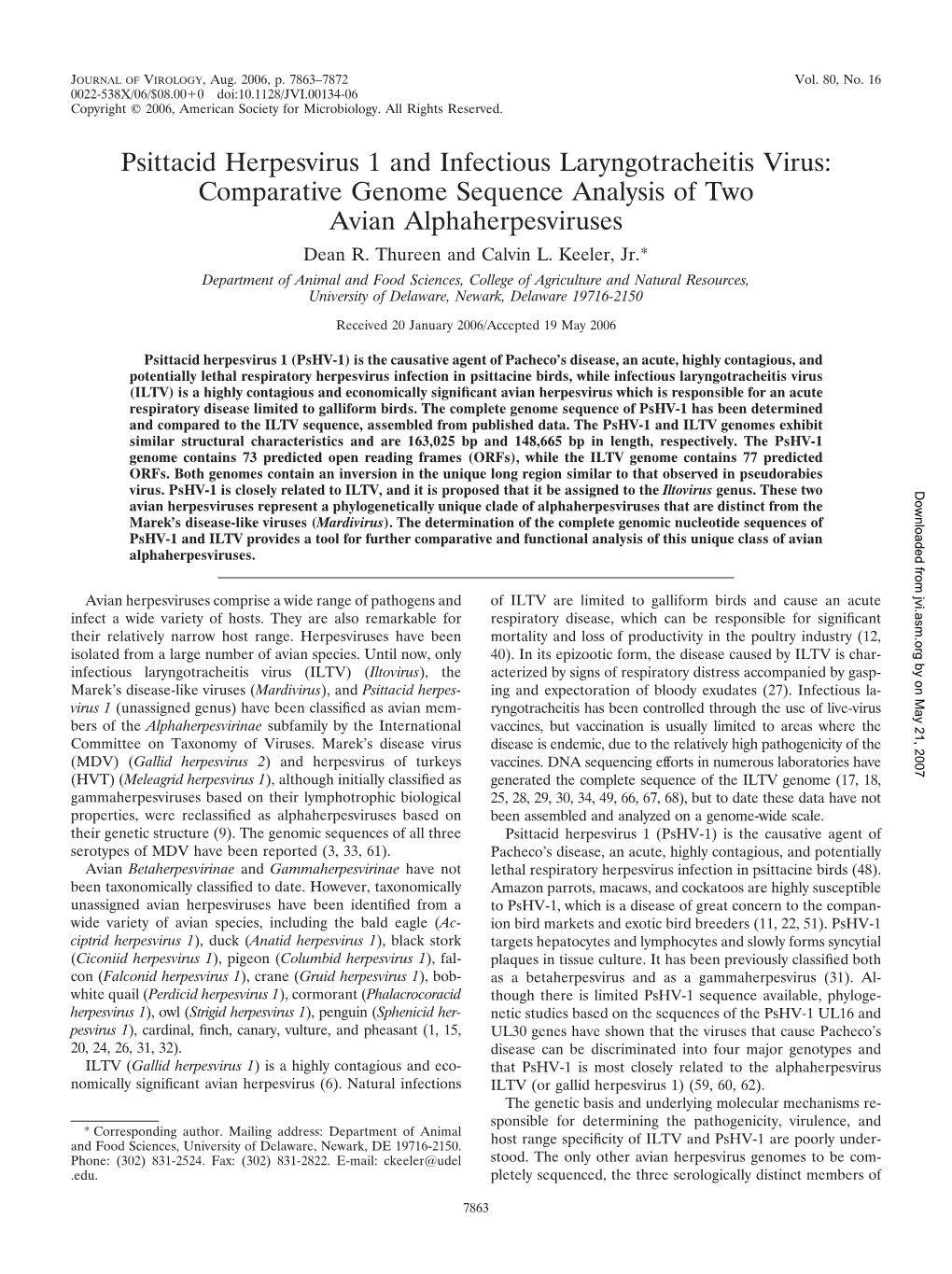 Psittacid Herpesvirus 1 and Infectious Laryngotracheitis Virus: Comparative Genome Sequence Analysis of Two Avian Alphaherpesviruses Dean R