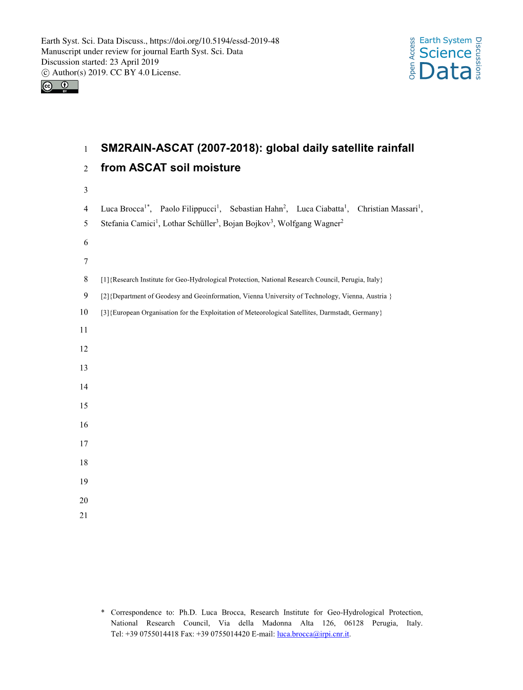 SM2RAIN–ASCAT (2007–2018): Global Daily Satellite Rainfall Data