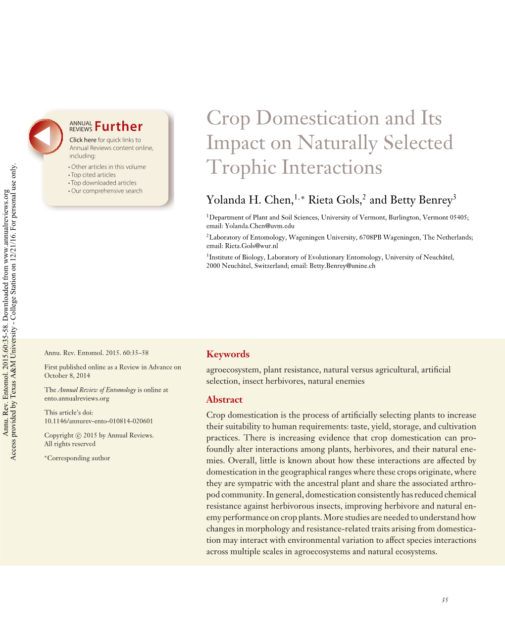 Crop Domestication and Its Impact on Naturally Selected Trophic Interactions