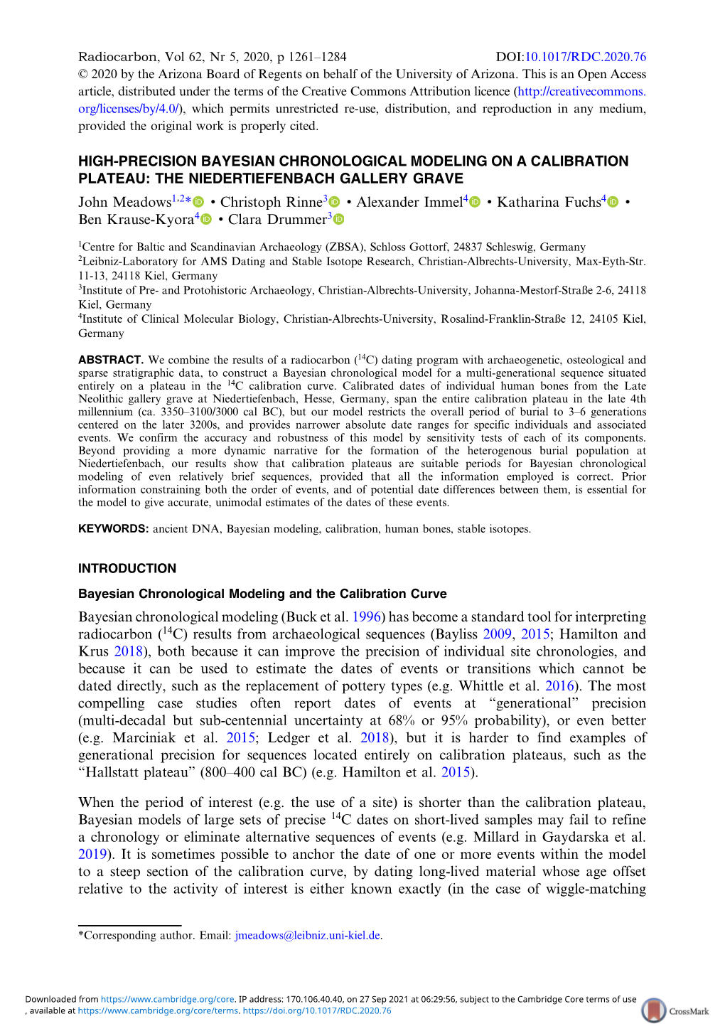 HIGH-PRECISION BAYESIAN CHRONOLOGICAL MODELING on a CALIBRATION PLATEAU: the NIEDERTIEFENBACH GALLERY GRAVE John Meadows1,2