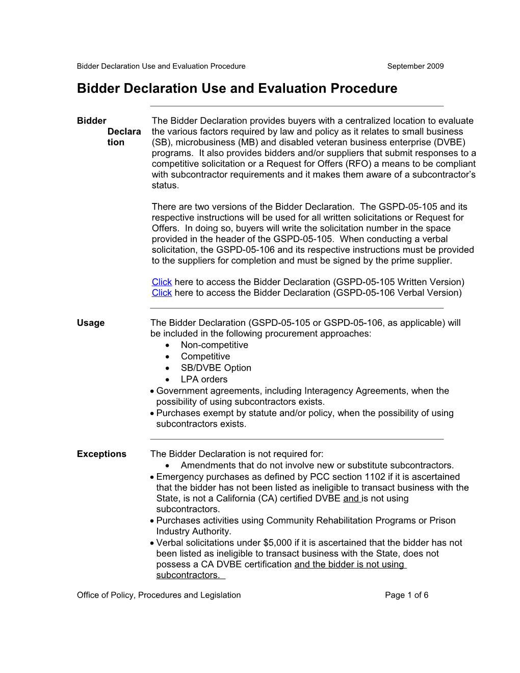 Bidder Declaration Use and Evaluation Procedure