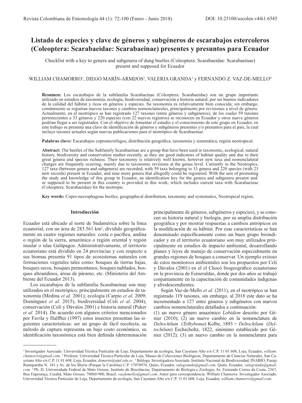 Listado De Especies Y Clave De Géneros Y Subgéneros De Escarabajos Estercoleros (Coleoptera: Scarabaeidae: Scarabaeinae) Presentes Y Presuntos Para Ecuador