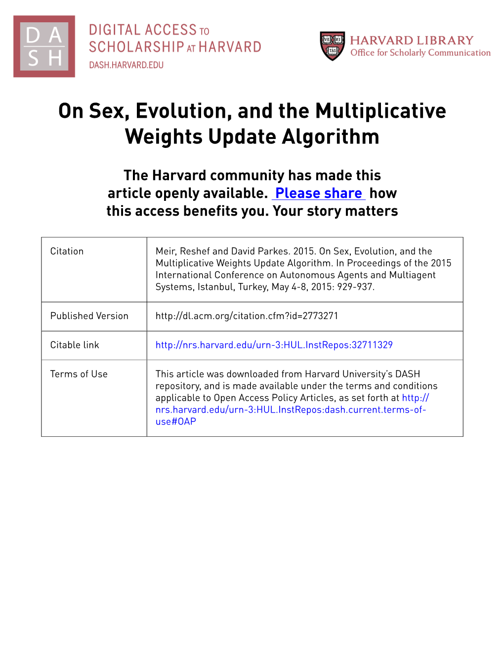 On Sex, Evolution, and the Multiplicative Weights Update Algorithm