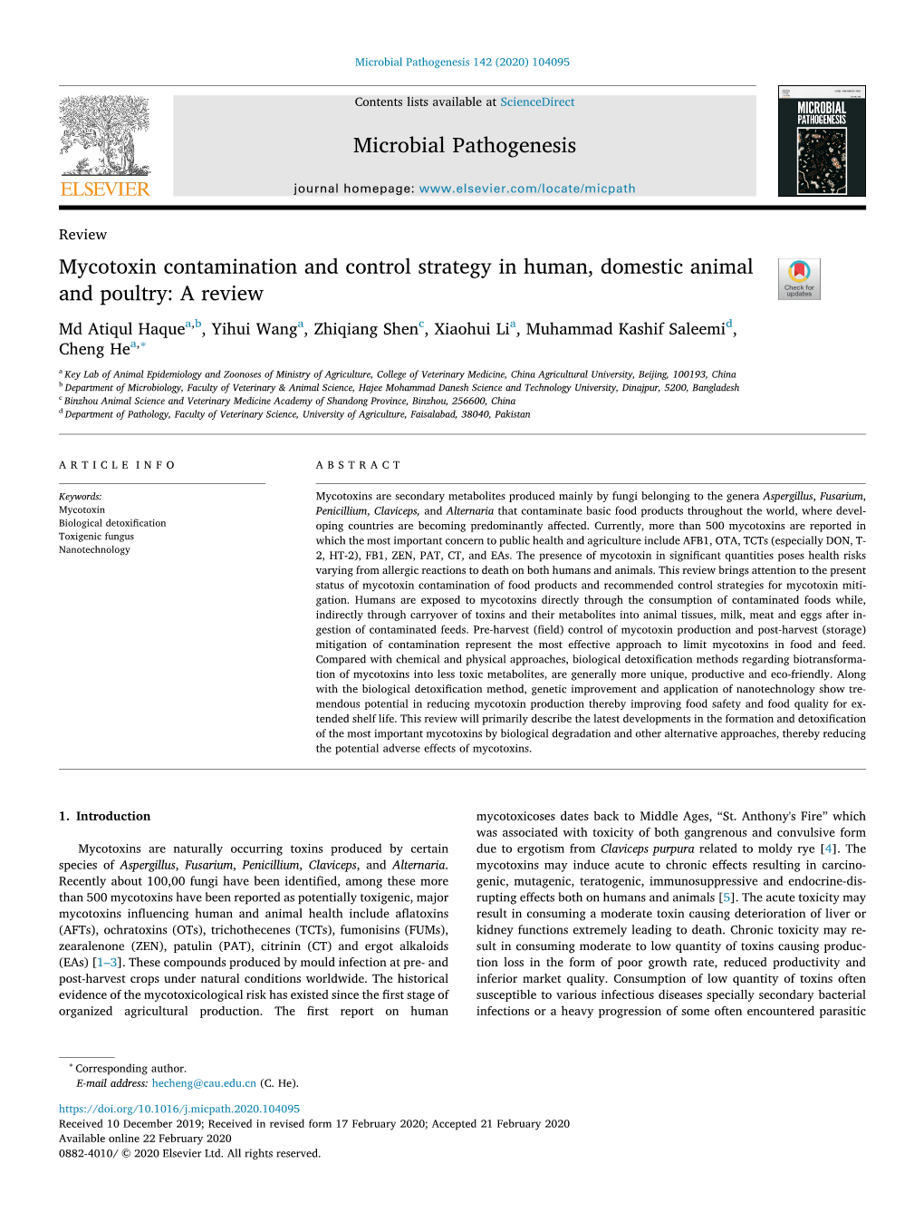 Mycotoxin Contamination and Control Strategy in Human, Domestic Animal