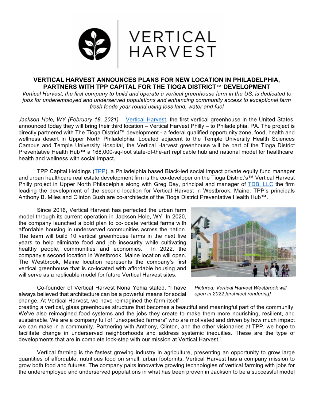 Vertical Harvest Announces Plans for New Location in Philadelphia, Partners with Tpp Capital for the Tioga District™ Developme