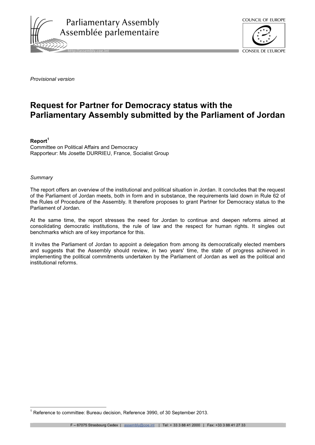 Request for Partner for Democracy Status with the Parliamentary Assembly Submitted by the Parliament of Jordan
