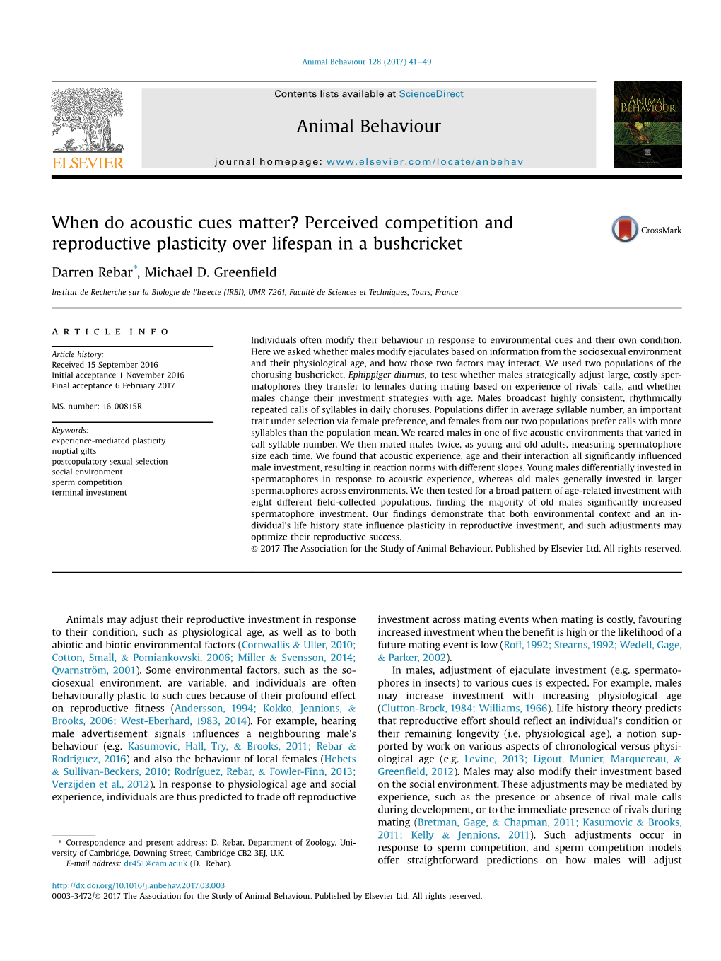 When Do Acoustic Cues Matter? Perceived Competition and Reproductive Plasticity Over Lifespan in a Bushcricket