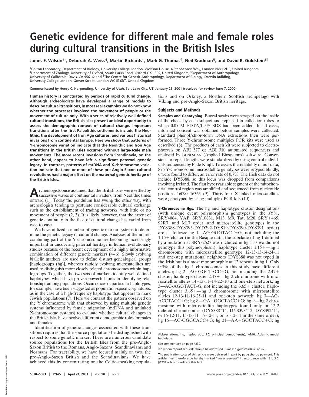 Genetic Evidence for Different Male and Female Roles During Cultural Transitions in the British Isles
