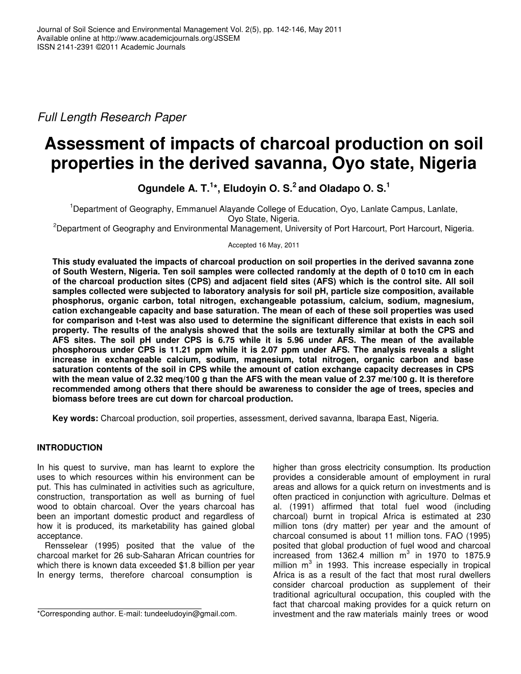 Assessment of Impacts of Charcoal Production on Soil Properties in the Derived Savanna, Oyo State, Nigeria