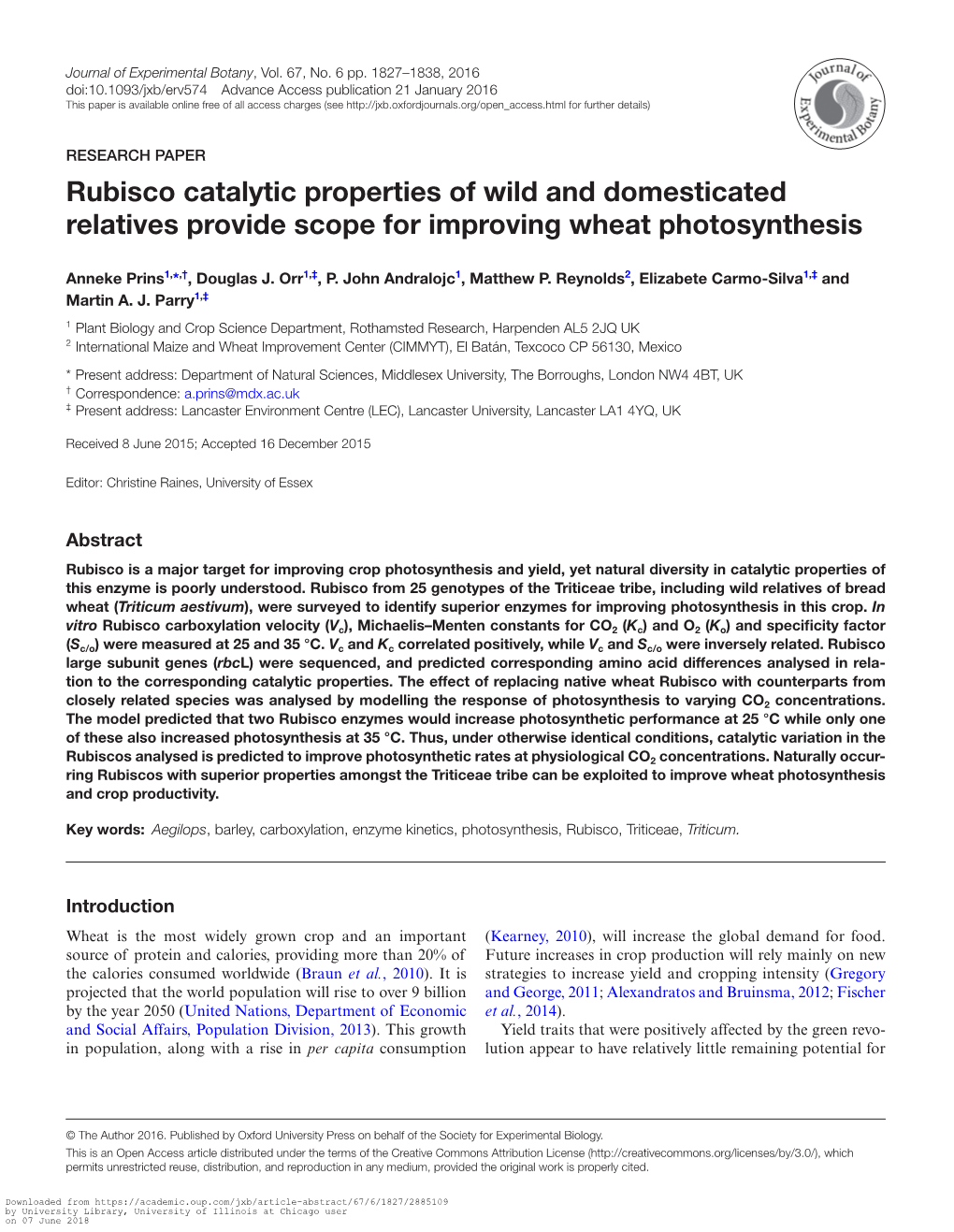 Rubisco Catalytic Properties of Wild and Domesticated Relatives Provide Scope for Improving Wheat Photosynthesis