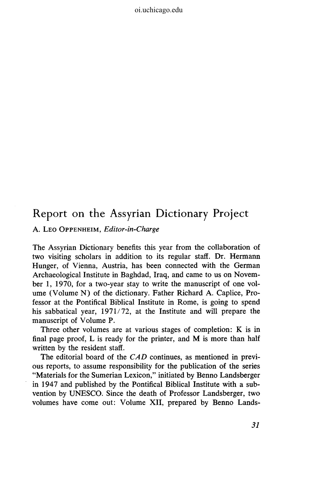 Report on the Assyrian Dictionary Project