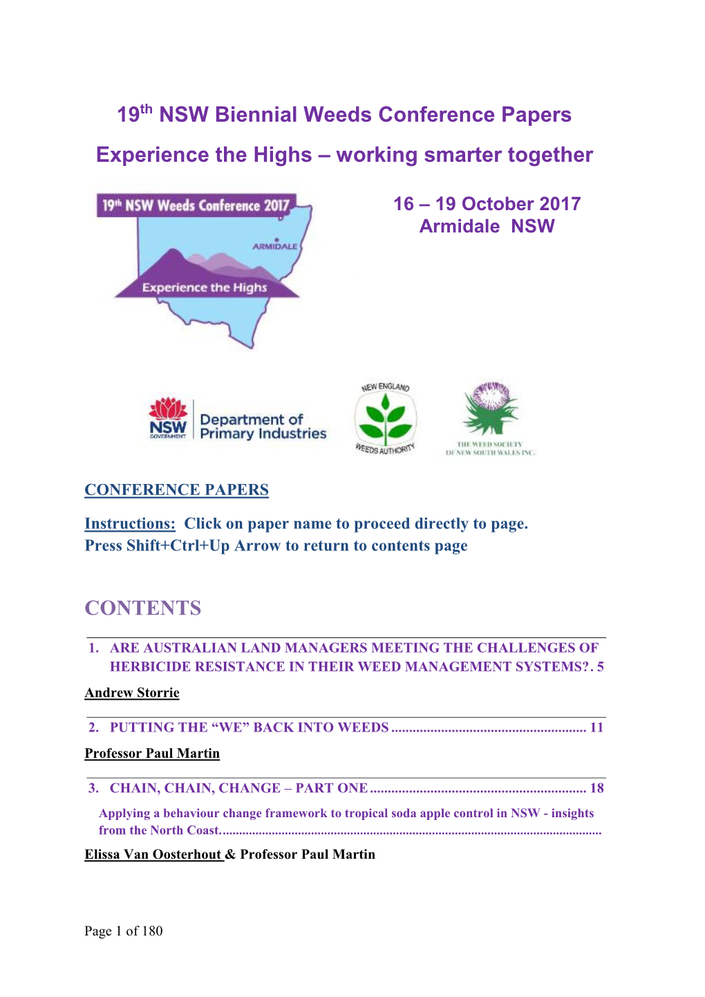 19Th NSW Biennial Weeds Conference Papers Experience the Highs – Working Smarter Together