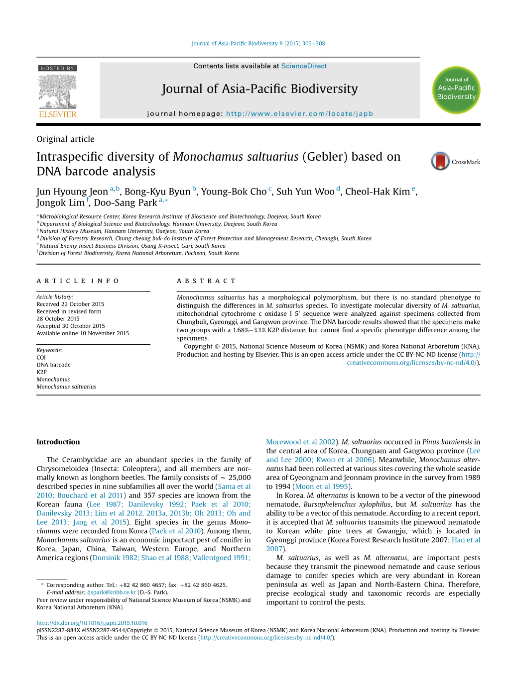 Intraspecific Diversity of Monochamus Saltuarius (Gebler)