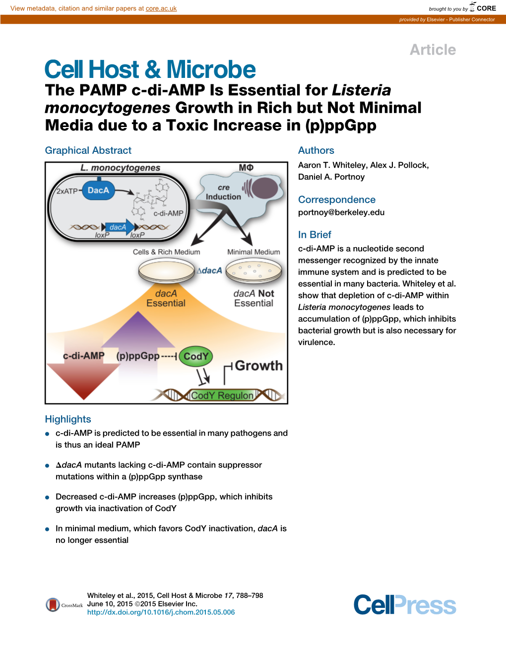 The PAMP C-Di-AMP Is Essential for Listeria Monocytogenes Growth in Rich but Not Minimal Media Due to a Toxic Increase in (P)Ppgpp