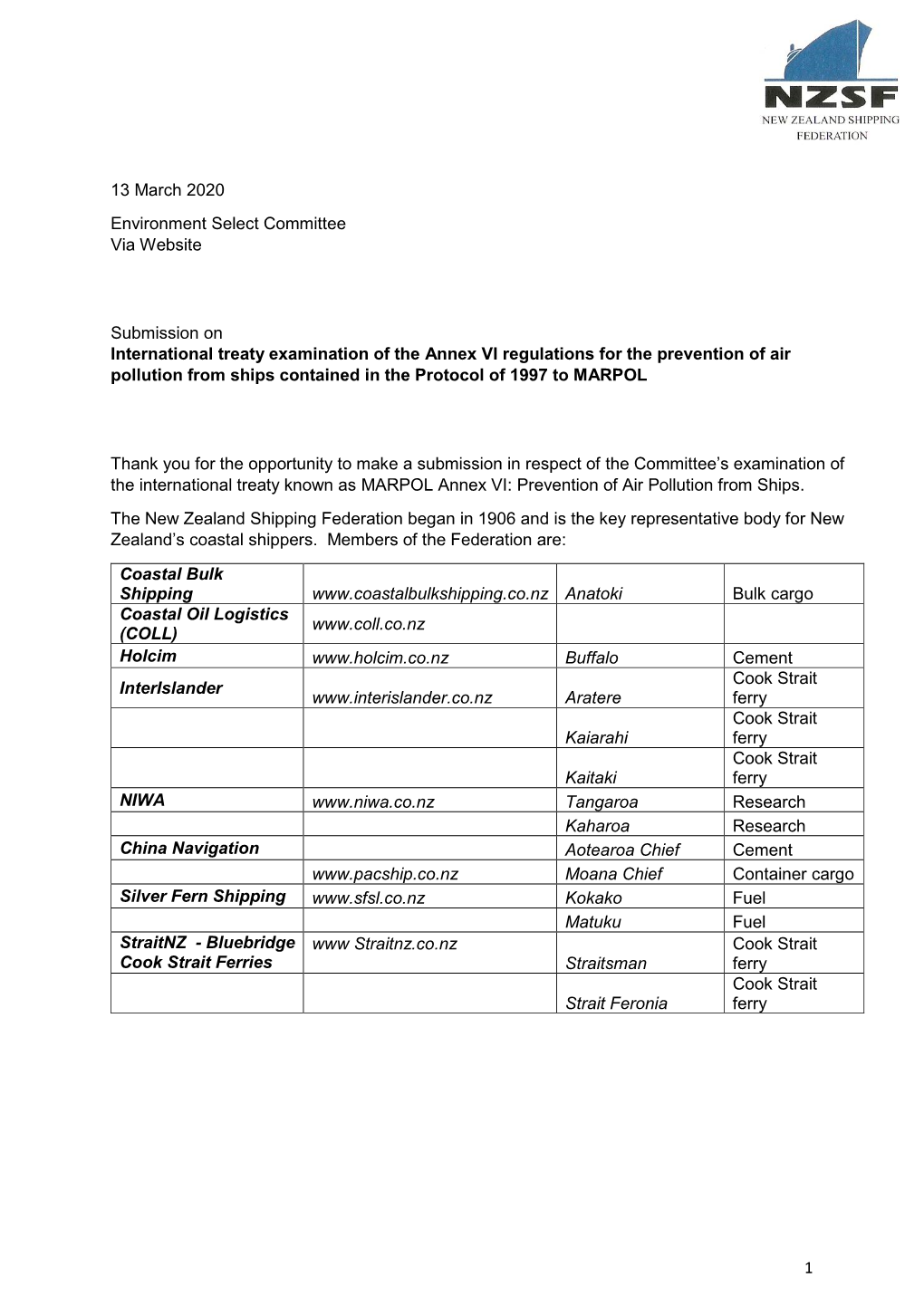 2020 03 16 Submission Environment Select Committee Marpol Annex Vi