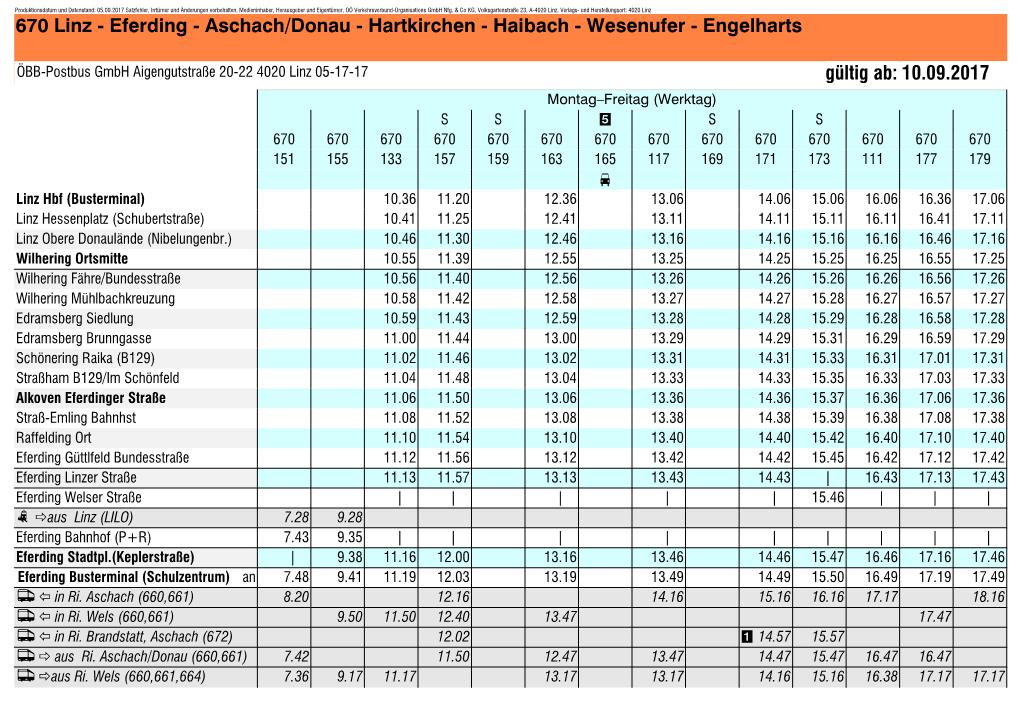 670 Linz - Eferding - Aschach/Donau - Hartkirchen - Haibach - Wesenufer - Engelharts