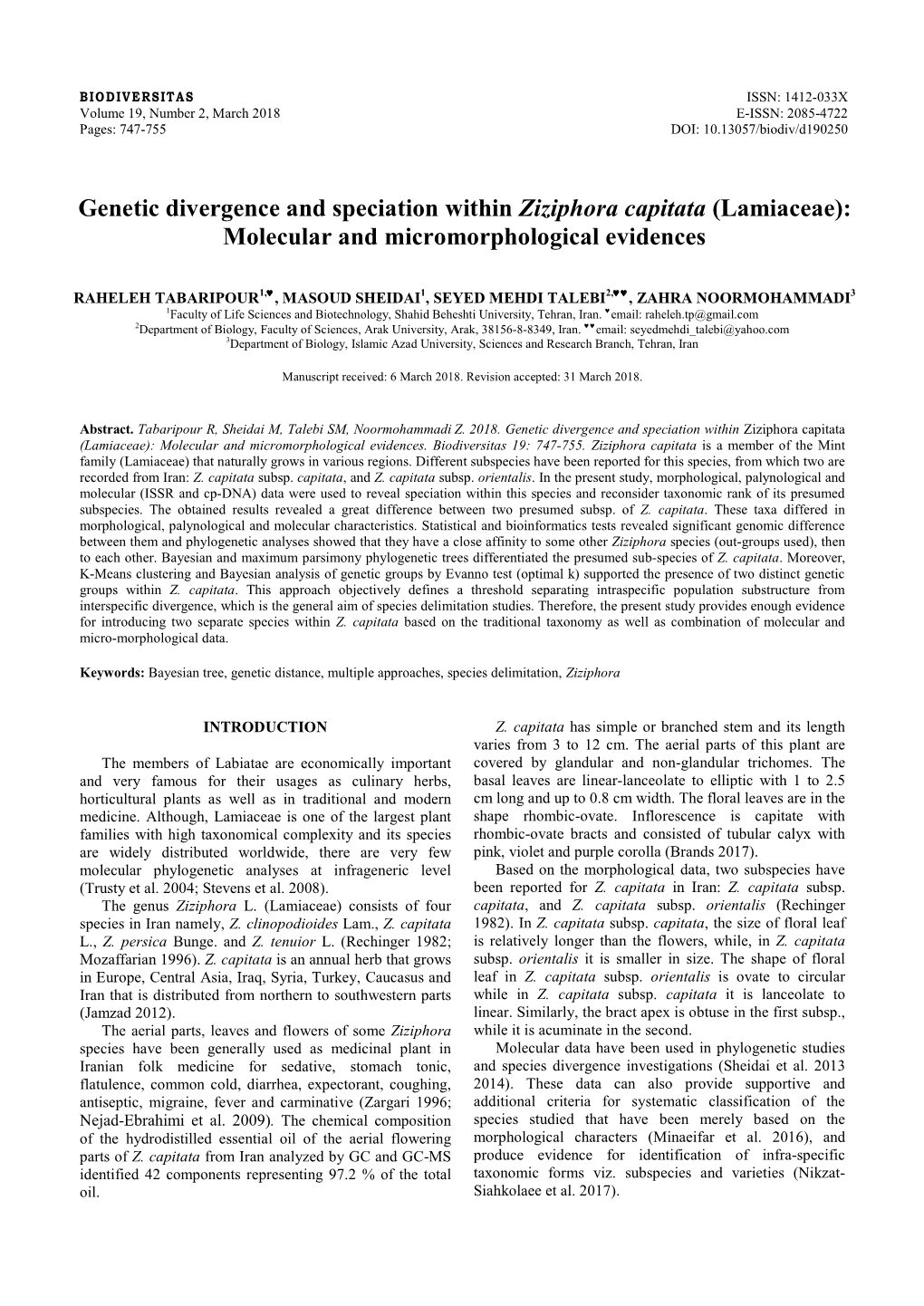 Genetic Divergence and Speciation Within Ziziphora Capitata (Lamiaceae): Molecular and Micromorphological Evidences