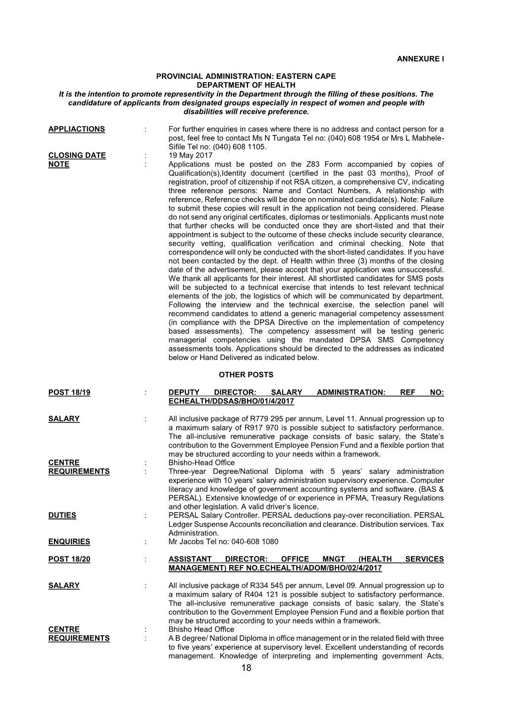 EASTERN CAPE DEPARTMENT of HEALTH It Is the Intention to Promote Representivity in the Department Through the Filling of These Positions