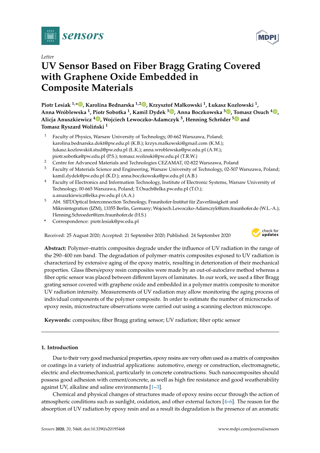 UV Sensor Based on Fiber Bragg Grating Covered with Graphene Oxide Embedded in Composite Materials