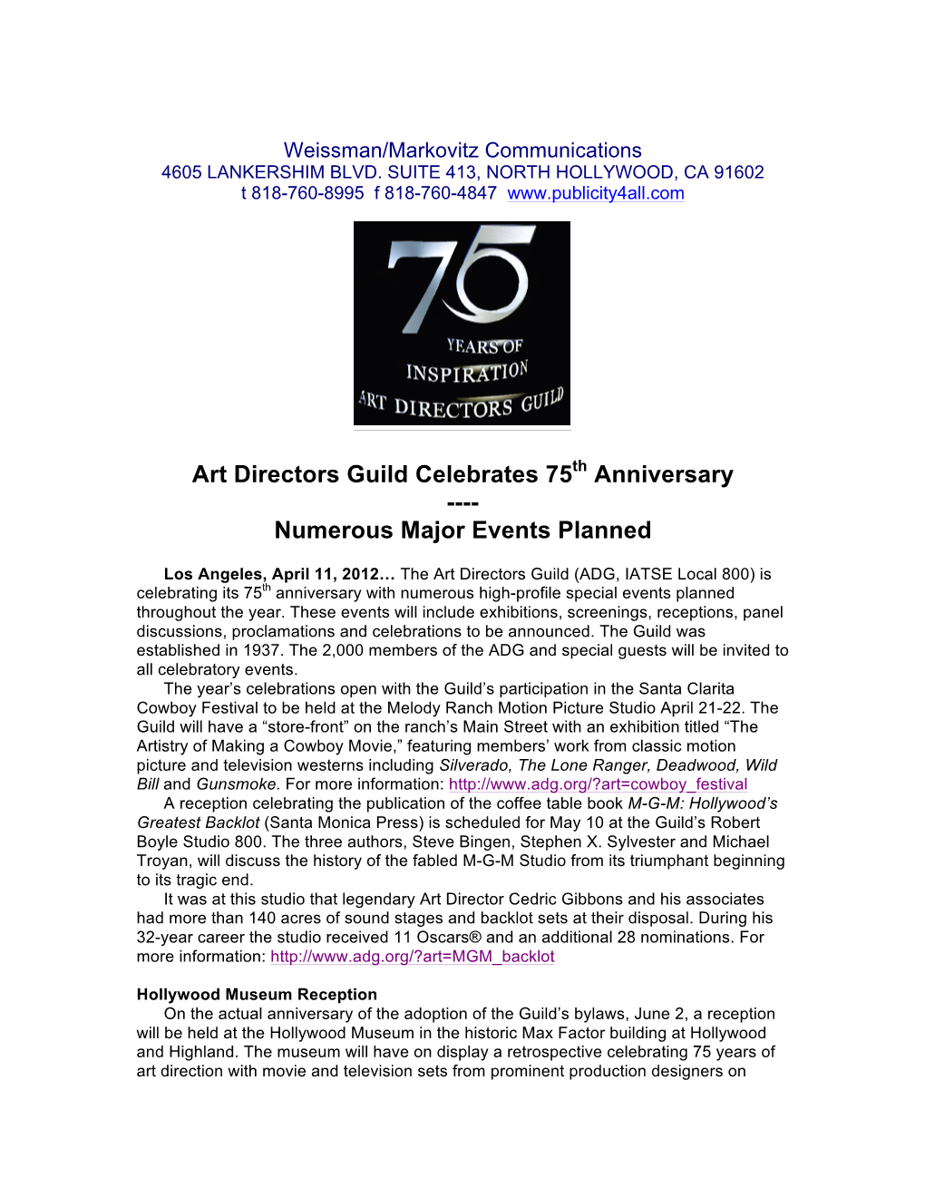Art Directors Guild Celebrates 75Th Anniversary ---- Numerous Major Events Planned
