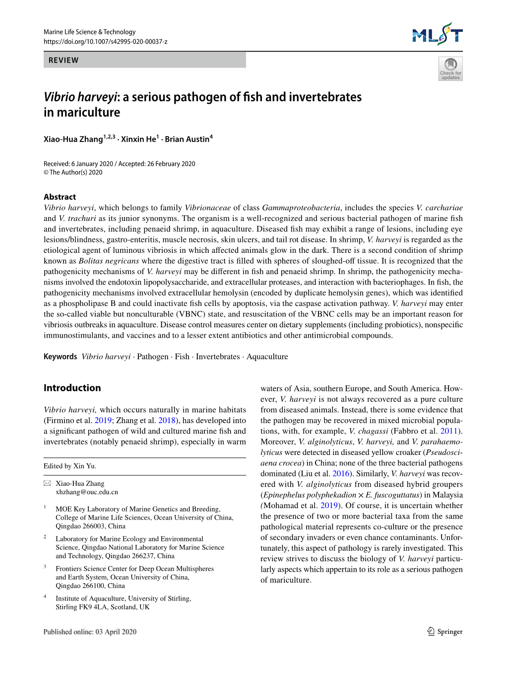 Vibrio Harveyi: a Serious Pathogen of Fish and Invertebrates in Mariculture