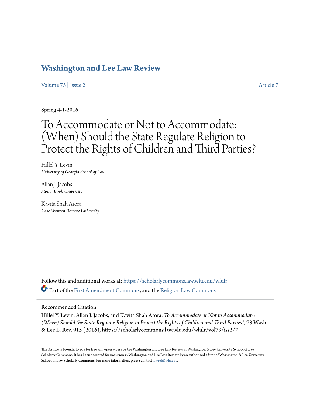 Should the State Regulate Religion to Protect the Rights of Children and Third Parties? Hillel Y