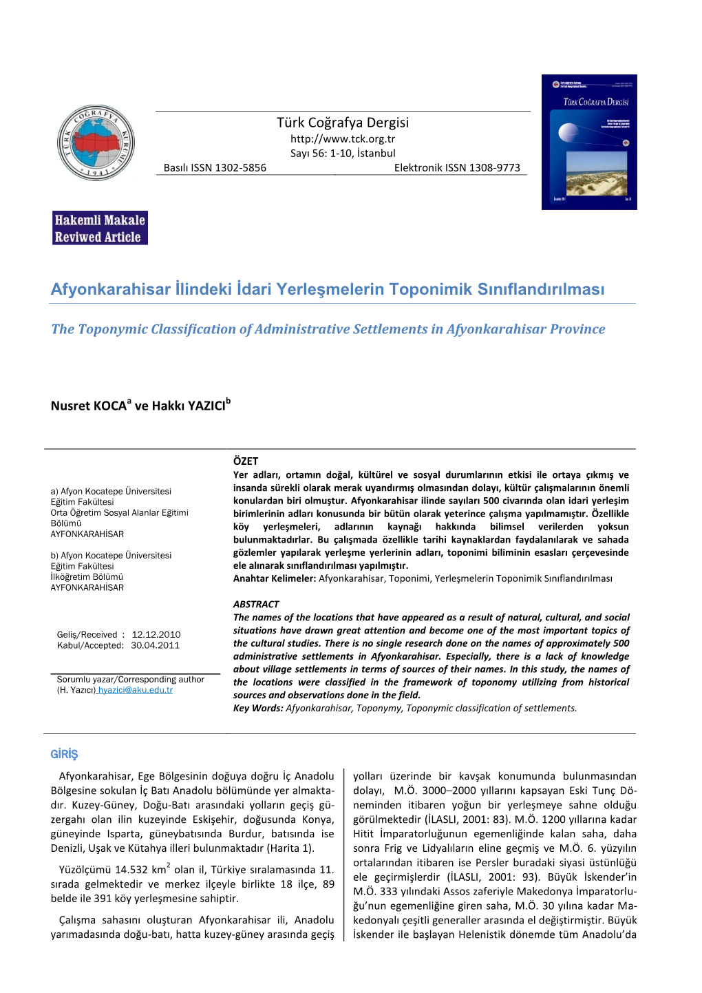 Afyonkarahisar İlindeki İdari Yerleşmelerin Toponimik Sınıflandırılması