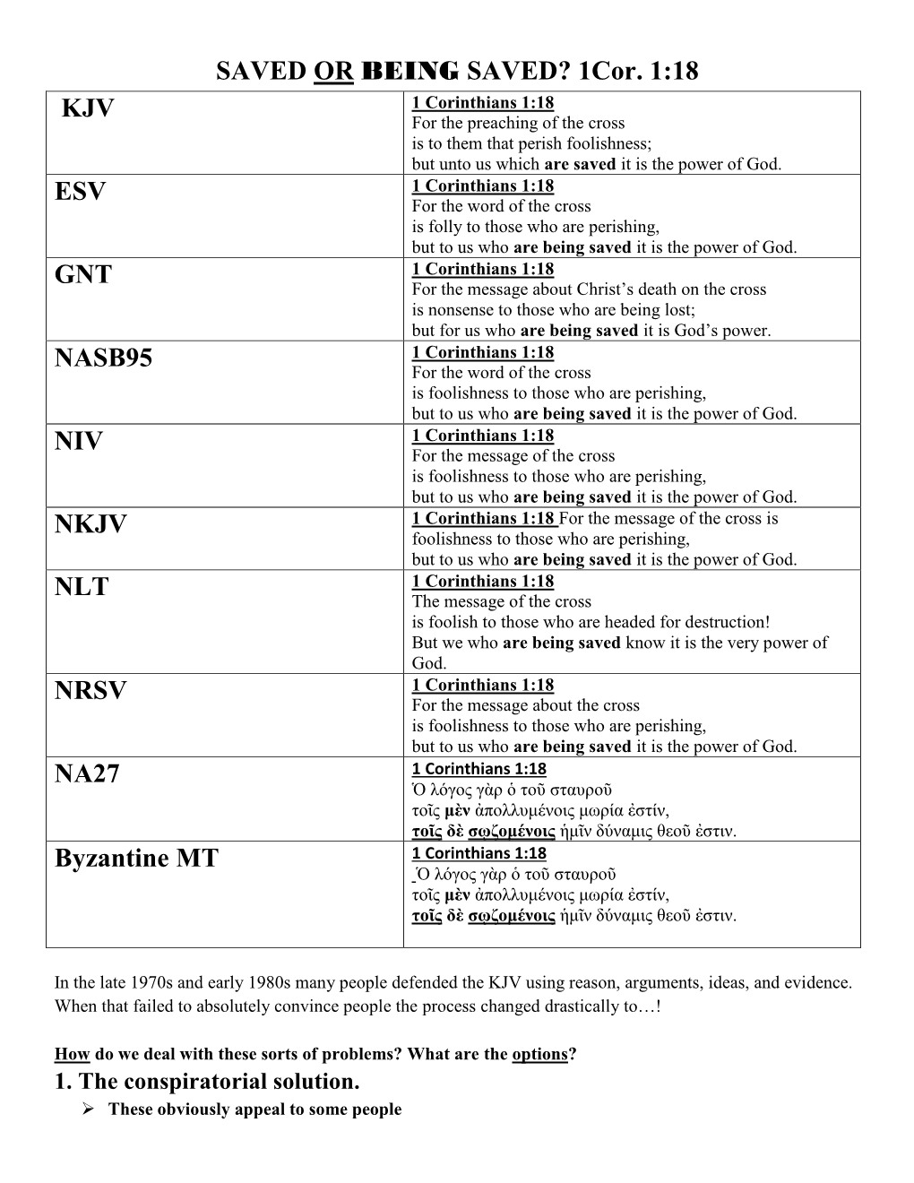 SAVED OR BEING SAVED? 1Cor. 1:18 KJV ESV GNT NASB95 NIV