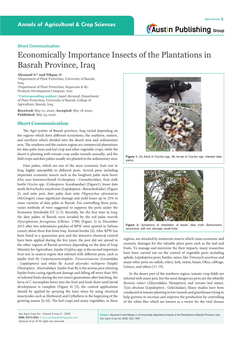 Economic Importance Insects of the Plantations in Basrah Province, Iraq