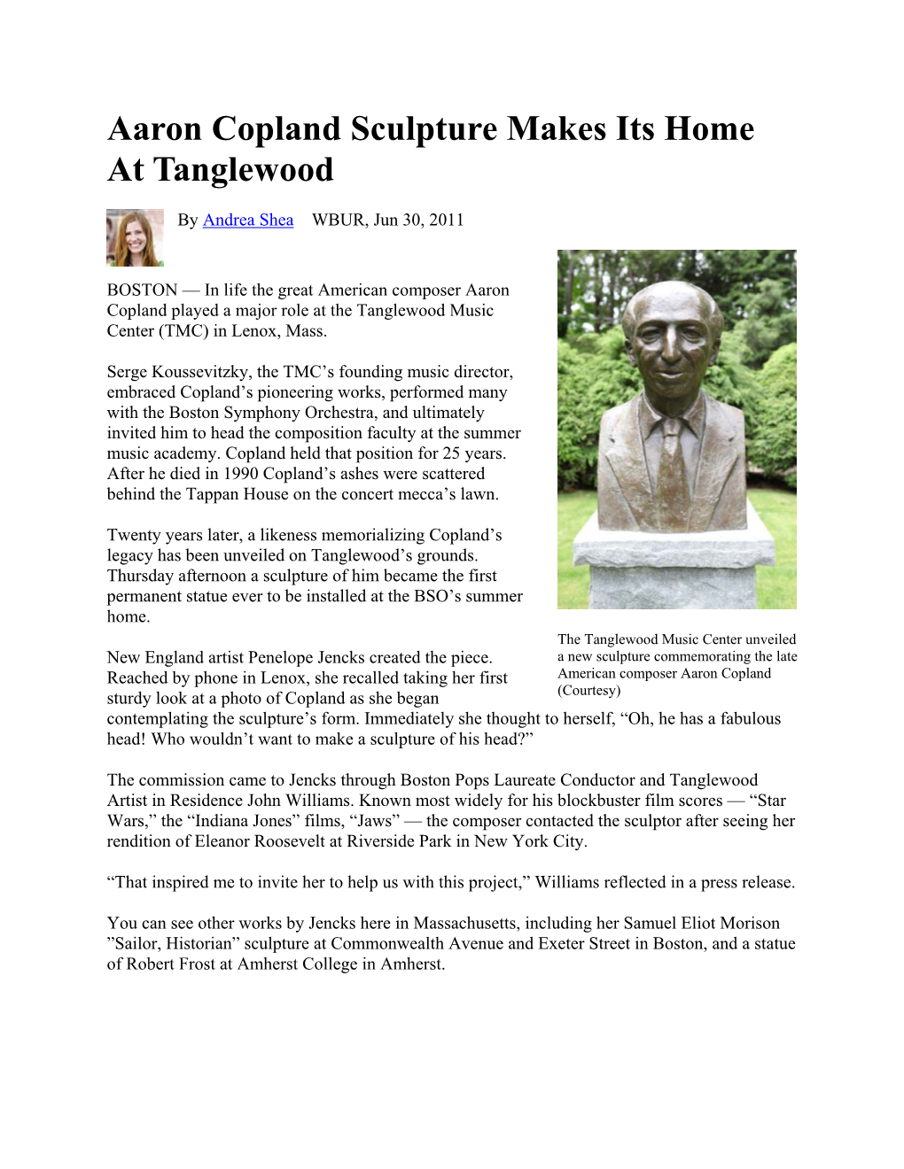 Aaron Copland Sculpture Makes Its Home at Tanglewood