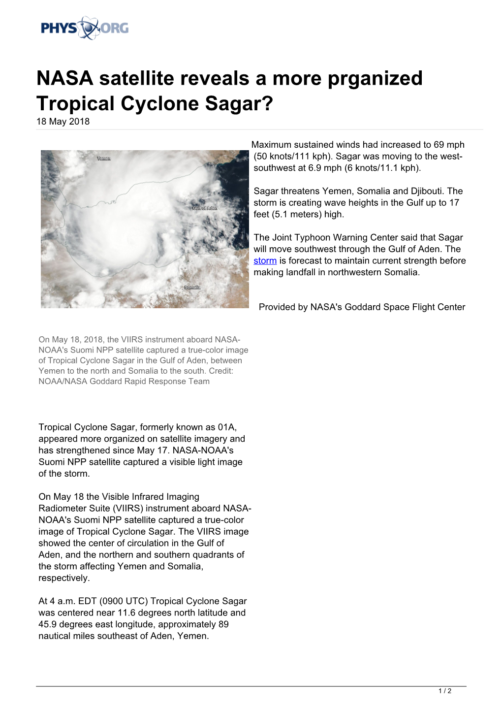 NASA Satellite Reveals a More Prganized Tropical Cyclone Sagar? 18 May 2018