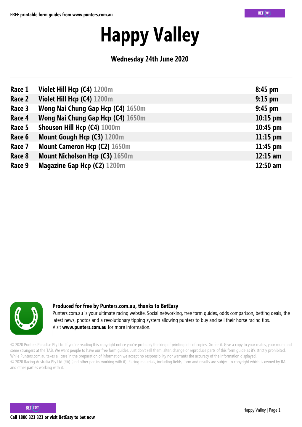 Happy Valley Printable Form Guide